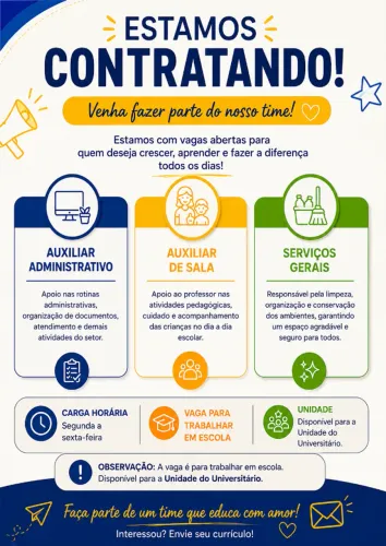Vagas Auxiliar de sala, Serviços Gerais e Aux. Administrativo