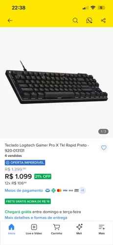 Teclado Logitech Gamer Pro X TkI Rapid Preto