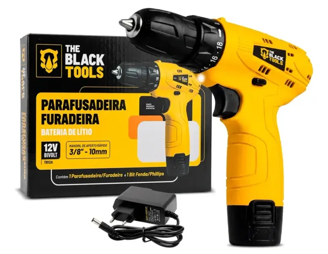 Parafusadeira Furadeira The Black Tools TB12A 3/8 a Bateria Cor Amarelo Frequência 60Hz