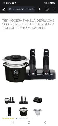 Termocera Panela Depilação 900g c/ Refil + Base Dupla c/ 2 Rollon Preto Mega Bell