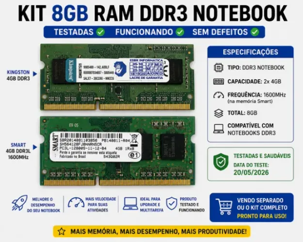 Kit 8GB RAM DDR3 Notebook 2x4GB Kingston + Smart