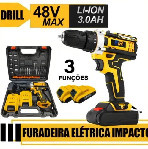 Parafusadeira Furadeira e Chave De Impacto DRILL D48V 2 Baterias 3 funções