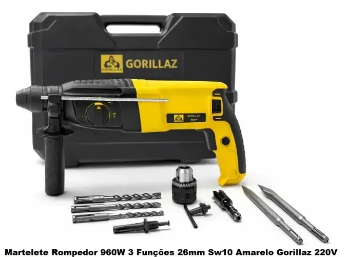 Martelete Rompedor 960w 3 Funções 26mm Sw10 Amarelo Gorillaz Profissional 220V com Maleta