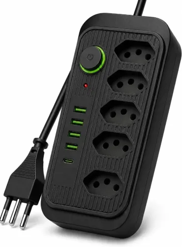 Extensão Elétrica 5 Tomadas com 4 USB + USB-C | Filtro de Linha 2 Metros