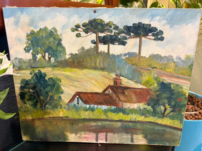 Quadro Antigo Óleo Sobre Tela Assinado por Mariana - Paisagem com Araucárias (40x50)
