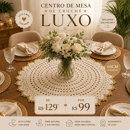 Centro de Mesa de Crochê 60cm com Borda Dourada | Luxo e Elegância