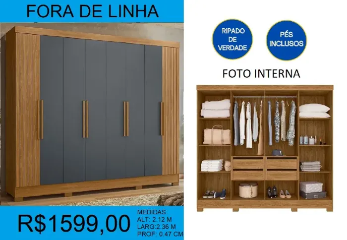 Guarda roupa casal grande com detalhe ripado - temos a pronta entrega