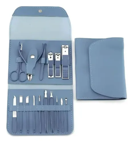 Kit Manicure e Pedicure com 16 peças em aço inoxidável azul.