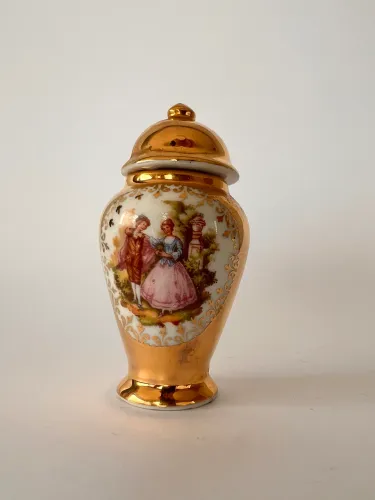 Mini Pote Decorativo Vintage em Porcelana com Tampa e Detalhes Dourados