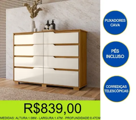 COMODA - 8 GAVETAS - COM PÉS - COMPRE E RETIRE HOJE MESMO