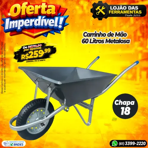 Carrinho de Mão Chapa 18 60 Litros Metalosa