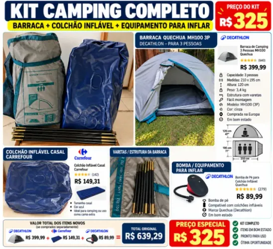 KIT CAMPING COMPLETO - BARRACA QUECHUA + COLCHÃO INFLÁVEL + BOMBA Barraca: Quechua MH100