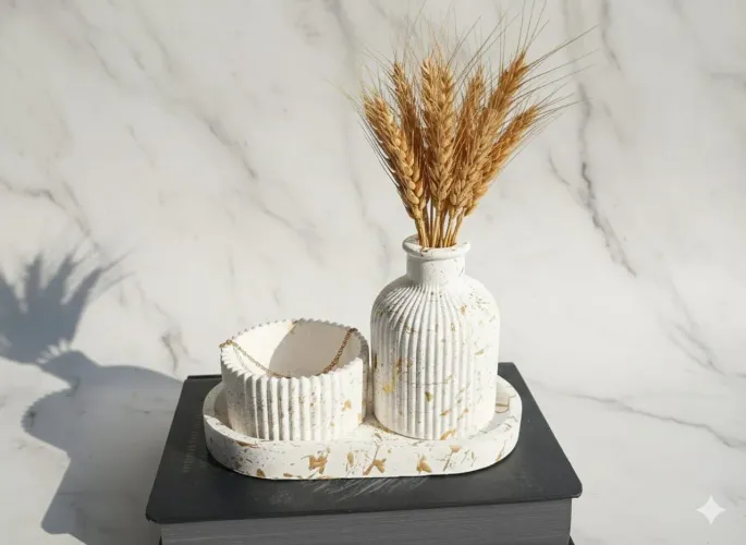Kit 3 peças decorativas com bandeja porta jóias e vaso.