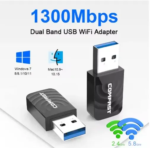 Novo - Adaptador Wi-Fi USB 3.0 Comfast 1300Mbps AC Dual Band 2.4G/5GHz PC e Notebook