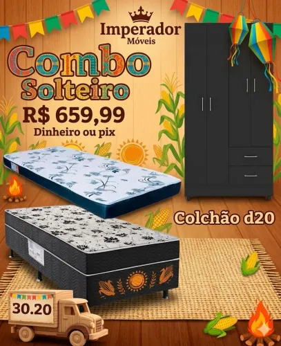 Combo quarto Solteiro cama colchão e guarda roupa