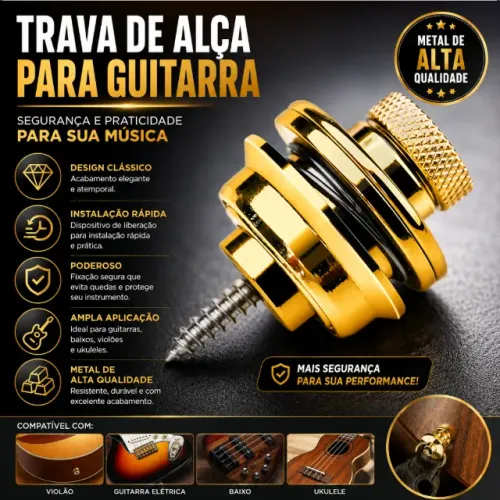 Par Trava de Alça para Guitarra em Metal Reforçado Dourado Compatível com Baixo Violão