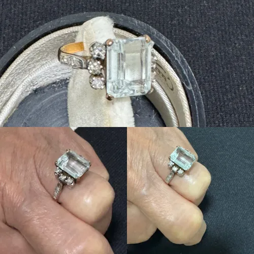 ANEL OURO 18 k c/ÁGUA MARINHA NATURAL E 6 BRILHANTES- 3,7 g