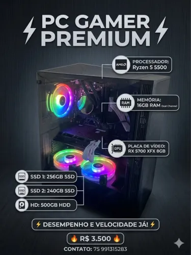 ? PC Gamer Completo - Ryzen 5 5500 + RX 5700 8GB (Roda Tudo!)