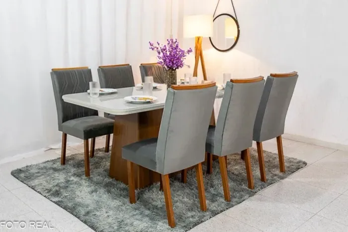 Mesa de Jantar 180×90 6 Cadeiras Alegra Veludo Grafite Madeira Maciça rf43