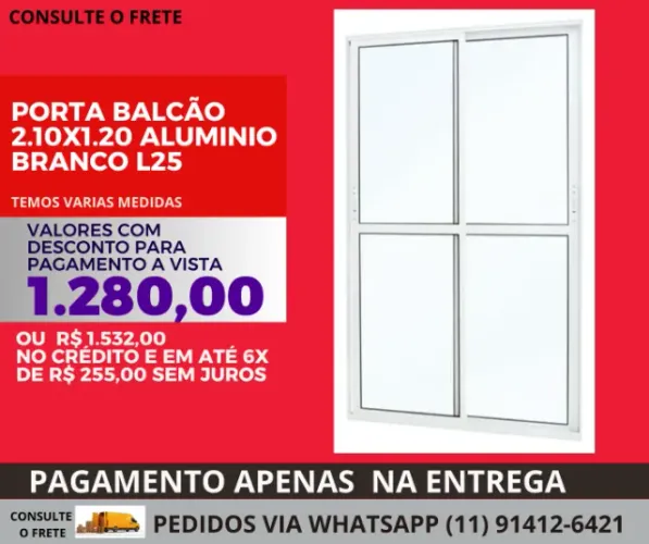Porta De Aluminio Balcão 2.10x1.20cm 2 Folhas Com Vidro Liso