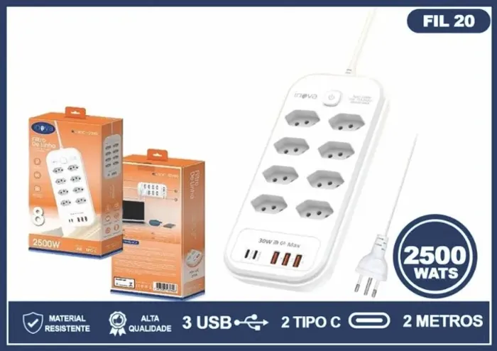 FILTRO DE LINHA COM 8 TOMADAS 3 USB-A 2 USB-C TURBO 30W