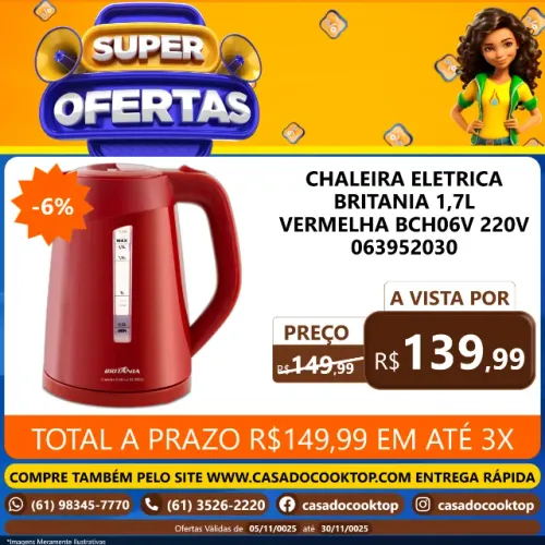 CHALEIRA ELETRICA BRITANIA 1,7L VERMELHA BCH06V 220V 063952030