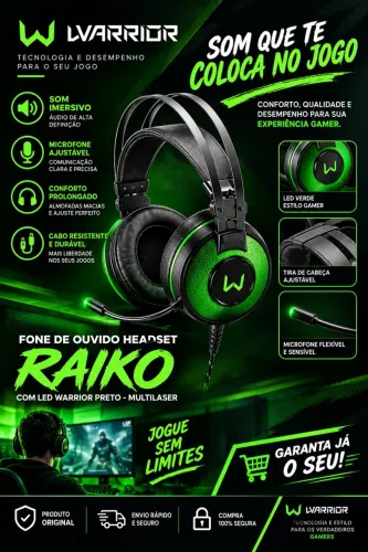 Fone de Ouvido Headset Raiko com Led Warrior Preto - Multilaser