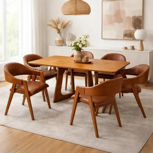 Mesa de Jantar Dubai Flex 160x80cm Sem Vidro e 6 Cadeiras Perola em Corino Madeira Cel Móv