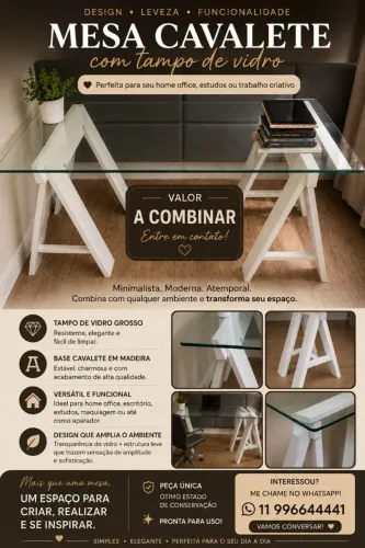 Mesa Cavalete com Tampo de Vidro - Excelente Estado | Home Office ou Escritório