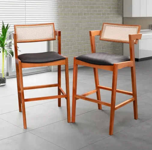 Kit 2 Banquetas Madeira Maciça, Estofada e Rattan de Fibra 100% natural Nápoles