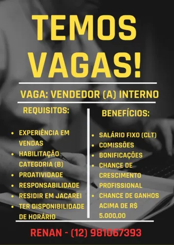OPORTUNIDADE DE EMPREGO!!! VENDEDOR (A) INTERNO (RAMO AUTOMOTIVO)