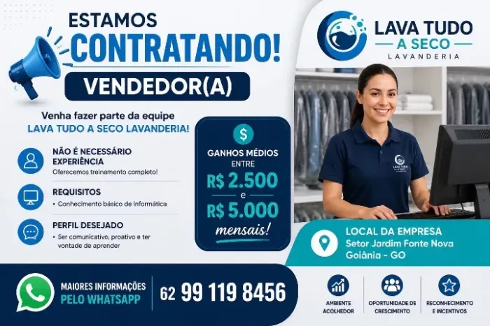 CONTRATA-SE VENDEDOR(A) PJ - GANHOS DE R$ 2.500 A R$ 5.000/MÊS
