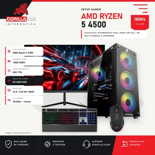 Setup Gamer Completo Ryzen 5 4500 RX 6600 8GB 16GB SSD 1TB Monitor 180Hz Teclado e Mouse