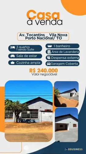Casa à venda com 3 quartos, sendo 1 suíte - Vila Nova, Porto Nacional, TO