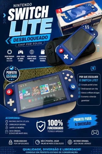 NITENDO SWITCH LITE AZUL DESBLOQUEADO (chip) - Perfeito Estado