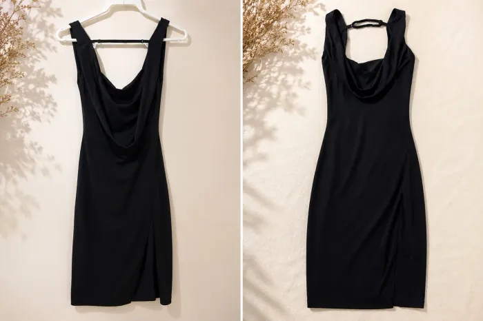 Vestido preto curto, elegante com decote