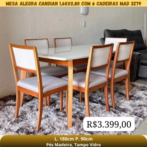 MESA DE JANTAR ALEGRA CANDIAN 1,60X0,80 COM 6 CADEIRAS MAD 3279