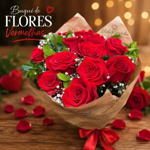Buquê de Rosas Vermelhas Com Mensagem Romântica.