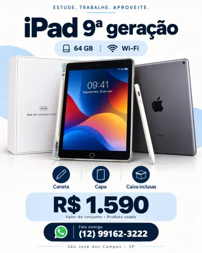 iPad Apple 9ª geração 64 GB + Caneta + Capa + Caixa