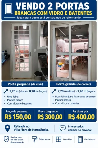Porta de correr duas folhas + porta de abrir. Completas vidros e batentes