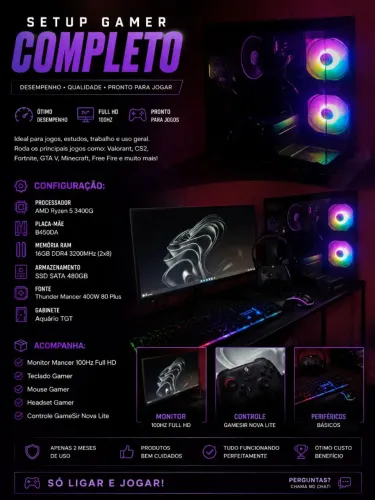 PC Gamer Ryzen 5 16GB SSD + Monitor 100Hz Completo