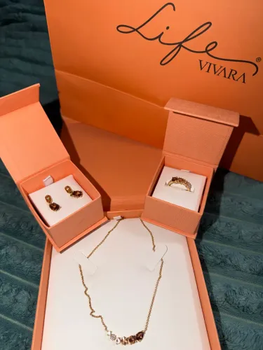 Conjunto anel ,brincos e colar life vivara mocha prata 925 banho de ouro amarelo