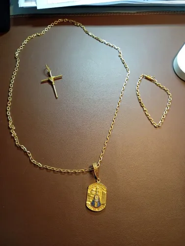 Kit Corrente + Pulseira 5mm Moeda Antiga Envernizada + 2 Pingentes (Cruz e Nossa Senhora)