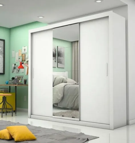Guarda roupa casal 3 portas de correr com espelho branco larg 185cm alt 2,08cm prof 46cm