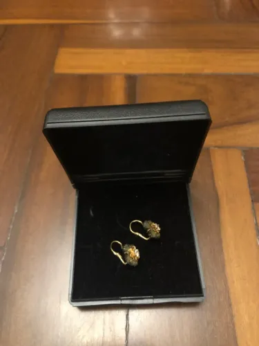 Antigo Par de Brincos Coco e Pedra com Ouro