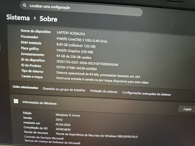 Notbook Intel core 5 120 U novinho