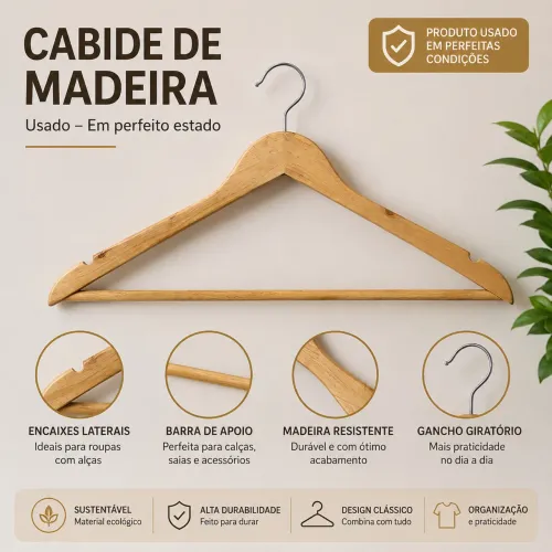 Cabide de Madeira Resistente com Barra para Calças - Usado