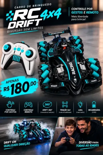 Carrinho de Controle remoto 4x4 Drift F1 com Fumaça, Luzes e Som e Gestos