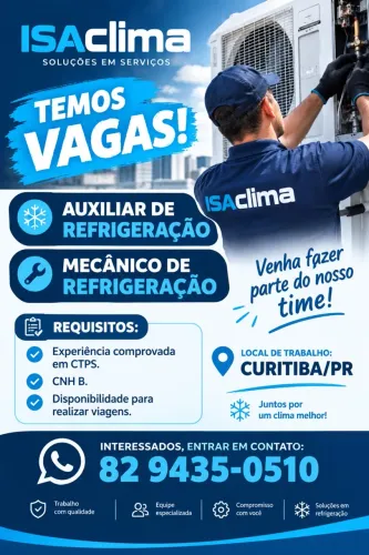 Vaga para Auxiliar e Mecânico de Refrigeração