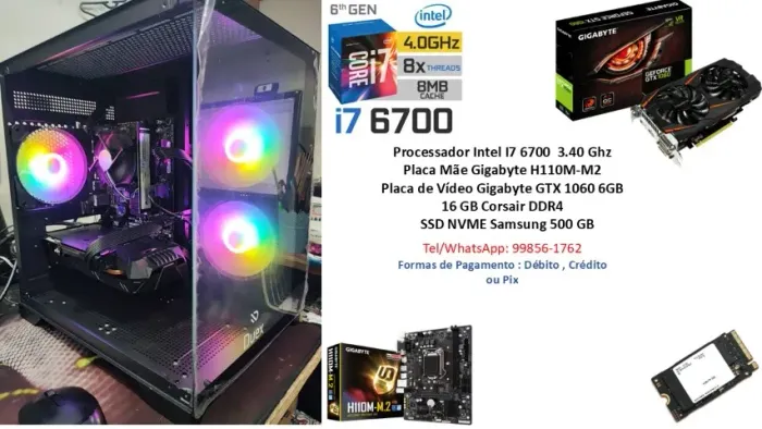 PC Gamer Core I7 6700 GTX 1060 6GB - Completo - Até 12 X 227,00 Sem Acréscimo !!! 